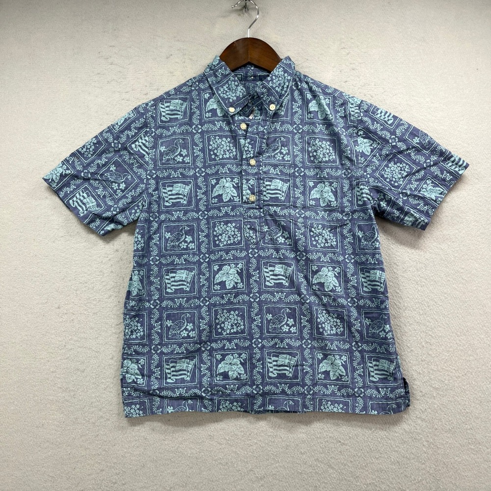 Reyn Spooner Aloha Shirt Boys L Blue Popover Flag Patriotic Tropical Hawaiian